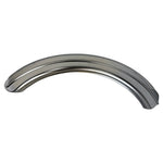 The Moto Iron® 5" Wide Raw Steel Ribbed Bobber Fender in chrome, slightly curved, shines brilliantly against a plain white background.
