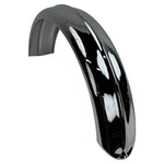 The Moto Iron® 5" Wide Raw Steel Ribbed Bobber Fender in chrome, slightly curved, shines brilliantly against a plain white background.
