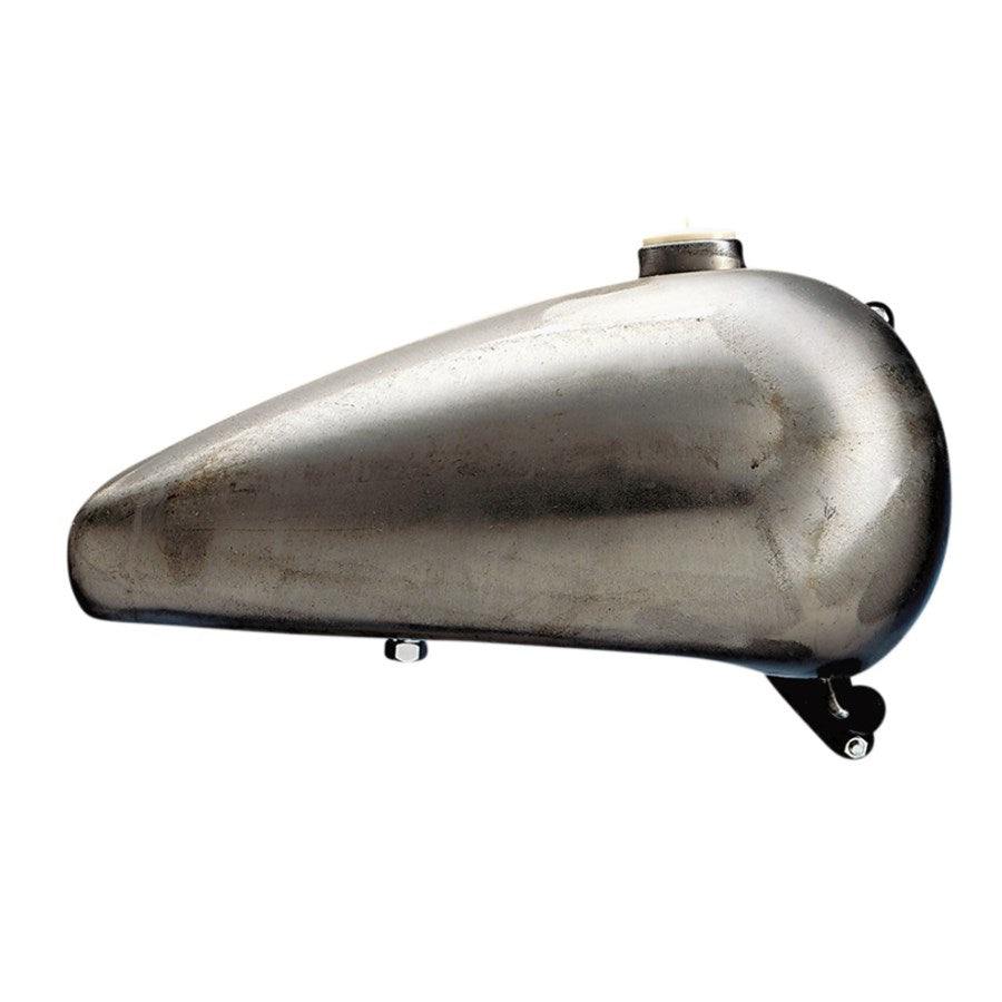 A silver Drag Specialties Fat Bob Gas Tank with Twist-Lock Gas Cap - 5.0 Gallon on a white background.