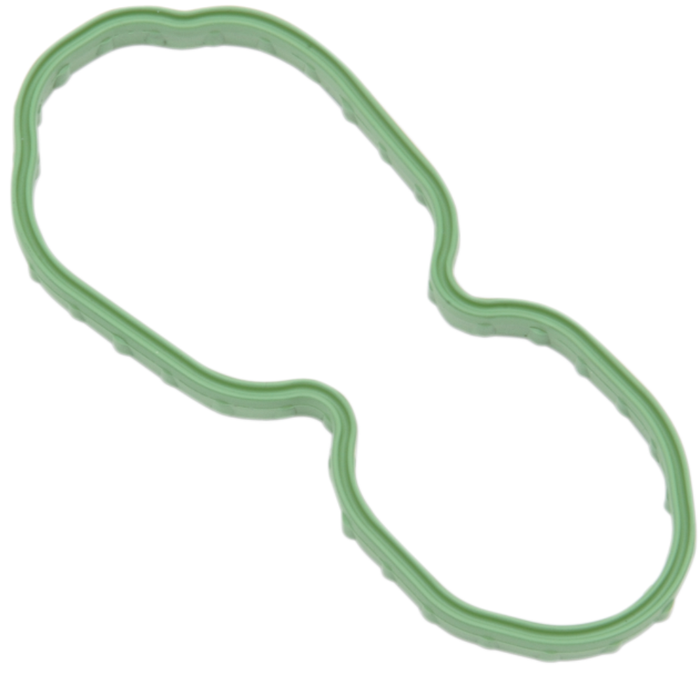 A green, oval-shaped Drag Specialties Fuel Pump Plate Gasket for Harley-Davidson Sportster and Softail is shown on a white background, featuring an inward curve on one side.
