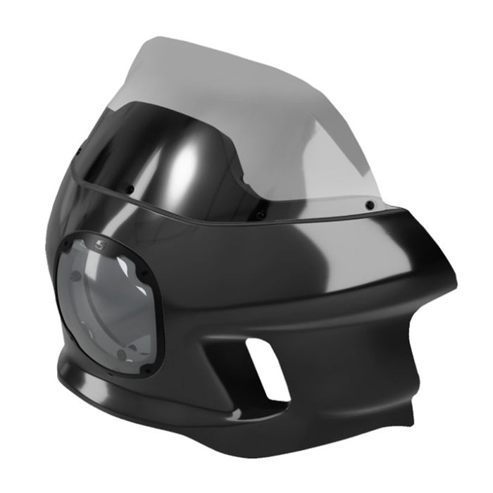 Black motorcycle front fairing with a clear windshield and a circular headlight opening, designed for Dyna Models. Offering excellent wind protection, this Saddlemen Mini Fairing - For 2006-2017 Dyna Models is both stylish and functional.