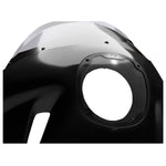 A Saddlemen Mini Fairing in black, specifically for 1996-2005 Dyna Models, featuring a large circular cutout for headlight fitting and a small rectangular side vent designed to enhance wind protection.