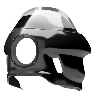 3D illustration of a futuristic helmet with metallic finish, featuring a visor and chin guard for enhanced wind protection inspired by the Saddlemen Mini Fairing - For 18'-'23' Softail & 04'-21' Sportster.