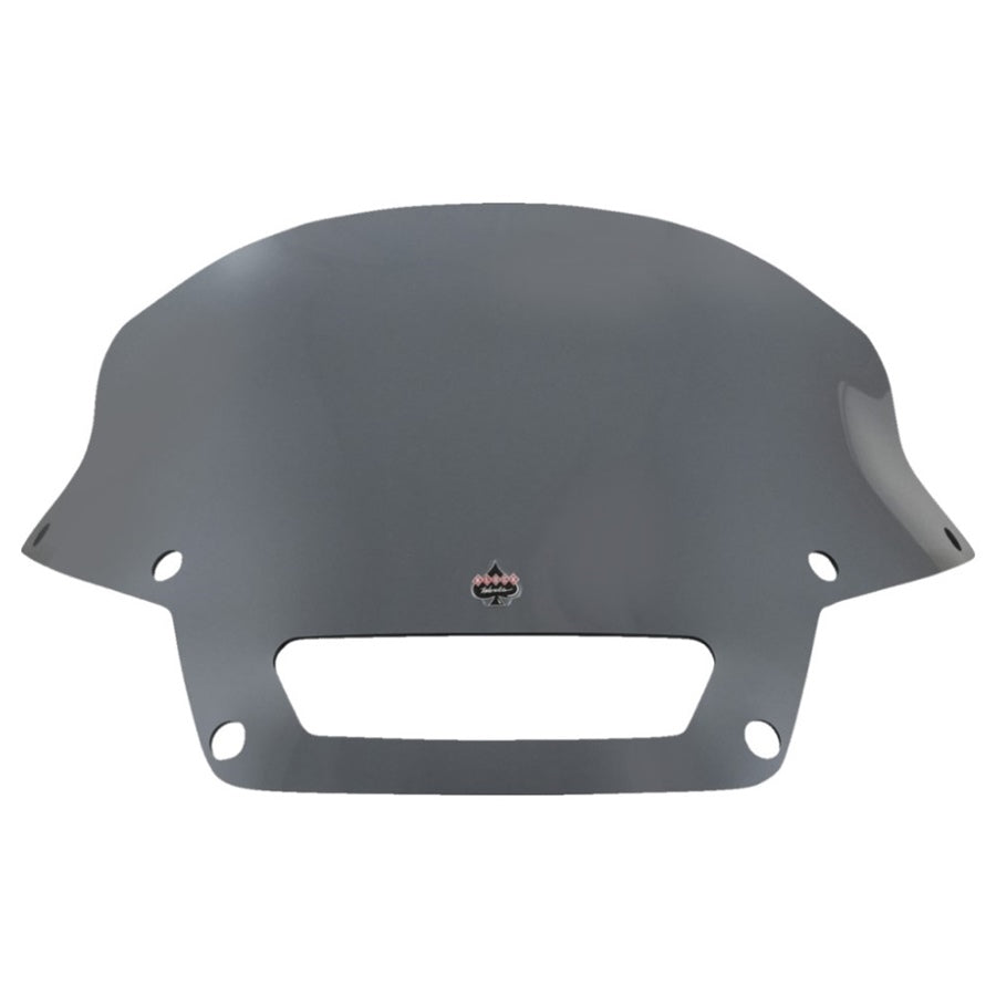 Gray Klockwerks Flare windshield - 6" - Dark Smoke - For 2022-2024 Softail Low Rider ST FXLRST with a logo in the center.