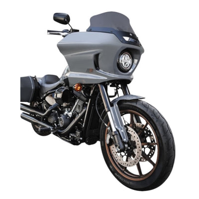 Gray Klockwerks Flare windshield - 6" - Dark Smoke - For 2022-2024 Softail Low Rider ST FXLRST with a logo in the center.
