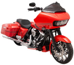 Red touring motorcycle with hard saddlebags and Klockwerks Flare Windshield - 9" - Dark Smoke, isolated on a white background.