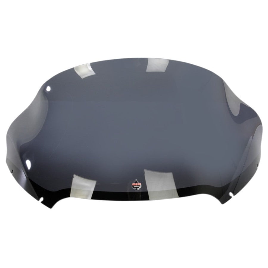 A Klockwerks Pro Touring Flare Windshield - 12" - Dark Smoke - For '15-'24 FLTR with adhesive strips on the edges, isolated on a white background.