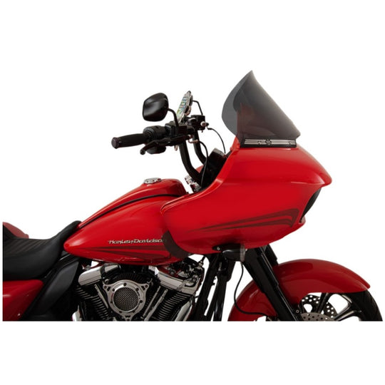 A Klockwerks Pro Touring Flare Windshield - 12" - Dark Smoke - For '15-'24 FLTR with adhesive strips on the edges, isolated on a white background.