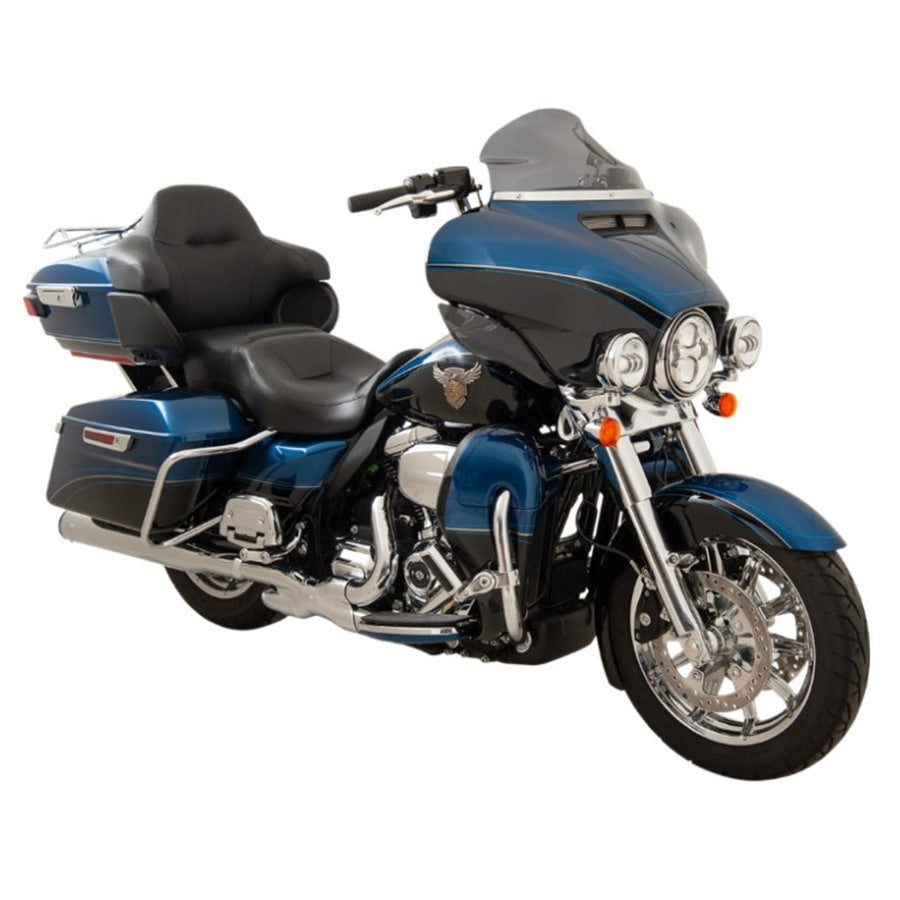A blue touring motorcycle with saddlebags and a Klockwerks Flare Windshield - 8-1/2" - Dark - Smoke - For &