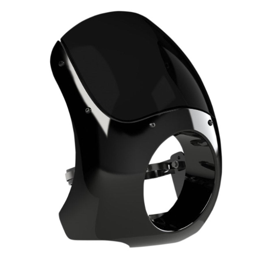 A glossy black Burly motorcycle helmet with a visor, viewed from the side and slightly elevated angle, featuring a universal mounting kit.