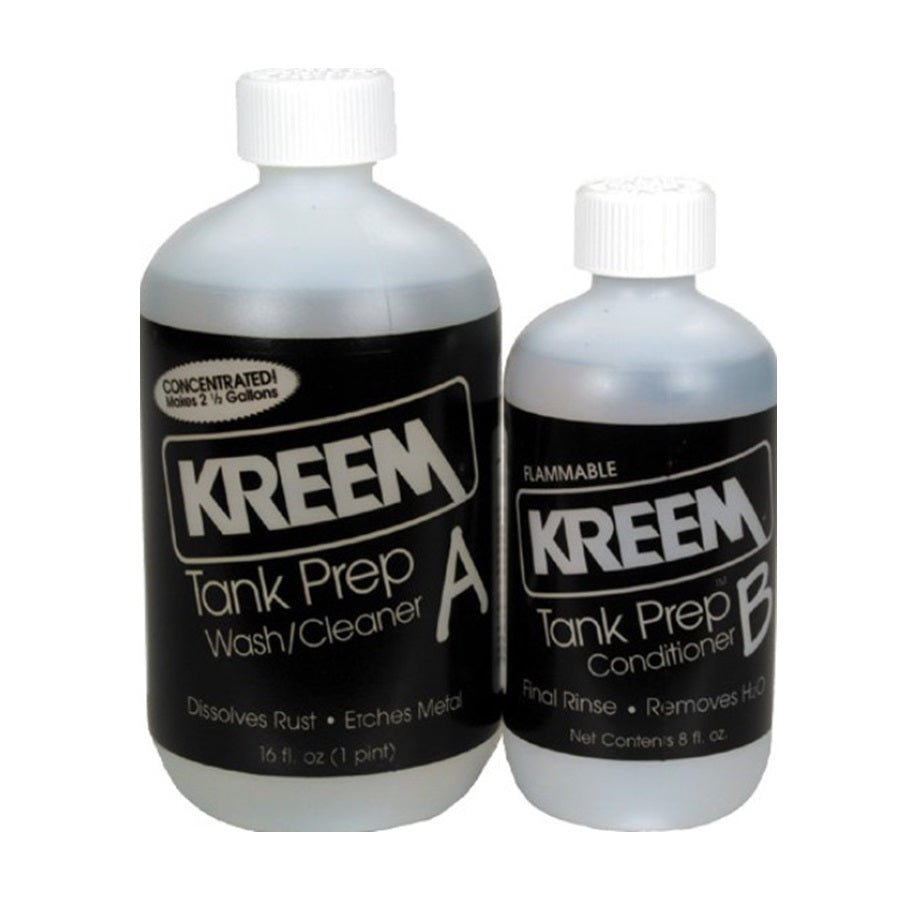 Two bottles of Kreem Tank Prep - Rust Removal System for Motorcycle Gas Tanks: a bottle labeled "Tank Prep Wash/Cleaner" on the left, and a bottle labeled "Tank Prep Conditioner" on the right. Both are used for rust removal and metal preparation.