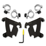 The Memphis Shades Trigger Lock Mounting Kit for Dyna Gauntlet Fairing (Black) includes black metal brackets, silver clamps, a yellow-handled hex key, and hardware for easy installation—perfectly displayed on a white background.
