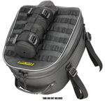 The Nelson-Rigg Trails End Bottle Holder is a black roll-top utility pouch with multiple straps and buckles, designed for secure fuel bottle storage and attachment on your motorcycle rides.
