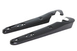 A pair of Wyatt Gatling gloss black elongated metal fender strut covers with curved top cutouts and three bolt holes each, designed for 2004-2022 Harley-Davidson Sportster models, shown side by side on a white background.