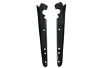 A pair of Wyatt Gatling gloss black elongated metal fender strut covers with curved top cutouts and three bolt holes each, designed for 2004-2022 Harley-Davidson Sportster models, shown side by side on a white background.