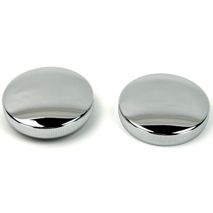 Wyatt Gatling Fuel Cap Set for 1965-1982 Harley-Davidson, featuring vented and non-vented round metal bayonet-style caps with black rubber gaskets and silver locking levers—perfect for your classic bike.