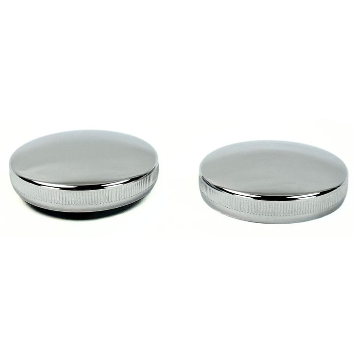 Wyatt Gatling Fuel Cap Set for 1965-1982 Harley-Davidson, featuring vented and non-vented round metal bayonet-style caps with black rubber gaskets and silver locking levers—perfect for your classic bike.