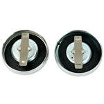 Wyatt Gatling Fuel Cap Set for 1965-1982 Harley-Davidson, featuring vented and non-vented round metal bayonet-style caps with black rubber gaskets and silver locking levers—perfect for your classic bike.