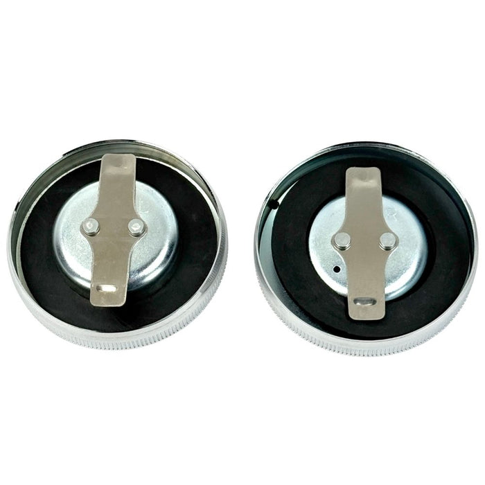 Wyatt Gatling Fuel Cap Set for 1965-1982 Harley-Davidson, featuring vented and non-vented round metal bayonet-style caps with black rubber gaskets and silver locking levers—perfect for your classic bike.