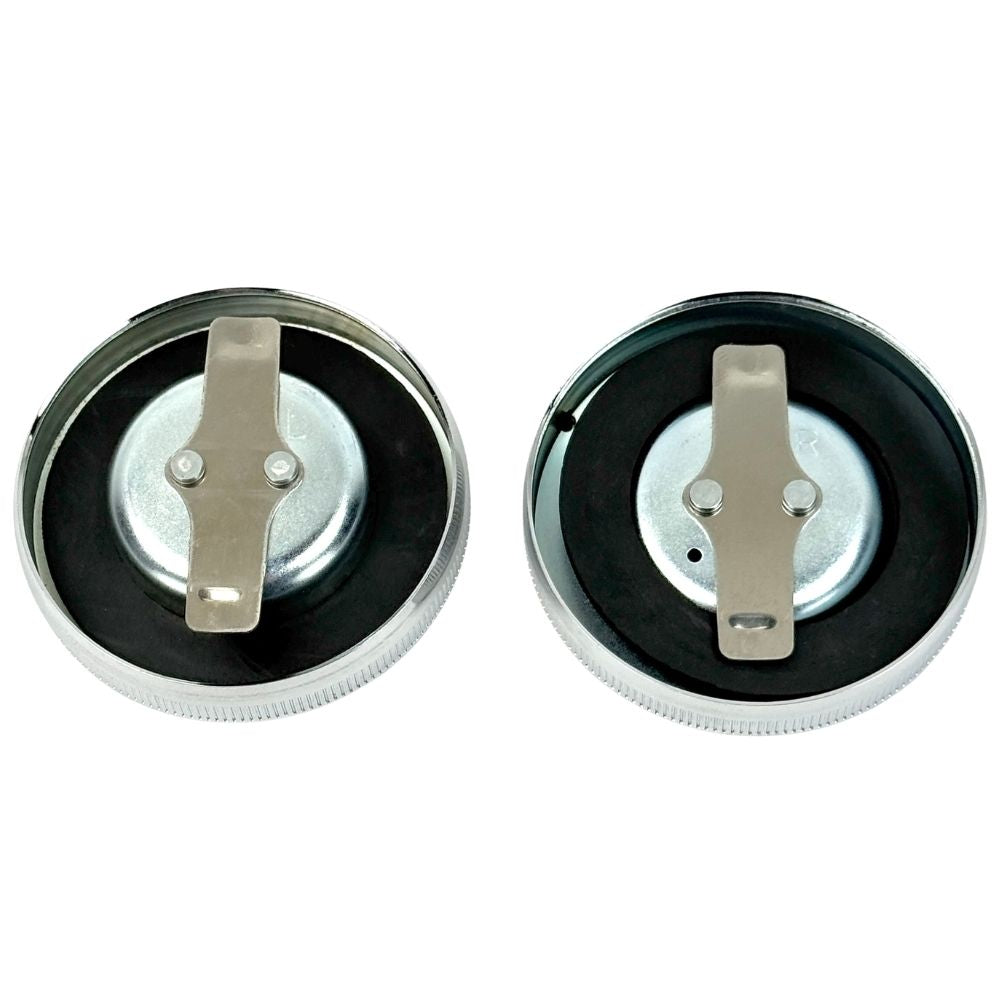 Wyatt Gatling Fuel Cap Set for 1965-1982 Harley-Davidson, featuring vented and non-vented round metal bayonet-style caps with black rubber gaskets and silver locking levers—perfect for your classic bike.