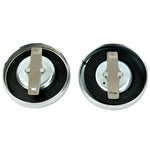 Wyatt Gatling Fuel Cap Set for 1965-1982 Harley-Davidson, featuring vented and non-vented round metal bayonet-style caps with black rubber gaskets and silver locking levers—perfect for your classic bike.