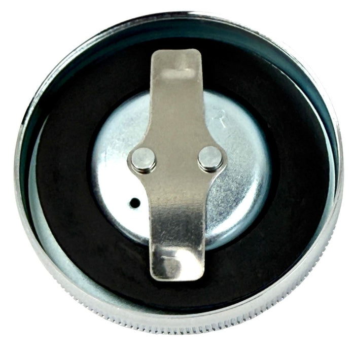 Wyatt Gatling Fuel Cap Set for 1965-1982 Harley-Davidson, featuring vented and non-vented round metal bayonet-style caps with black rubber gaskets and silver locking levers—perfect for your classic bike.