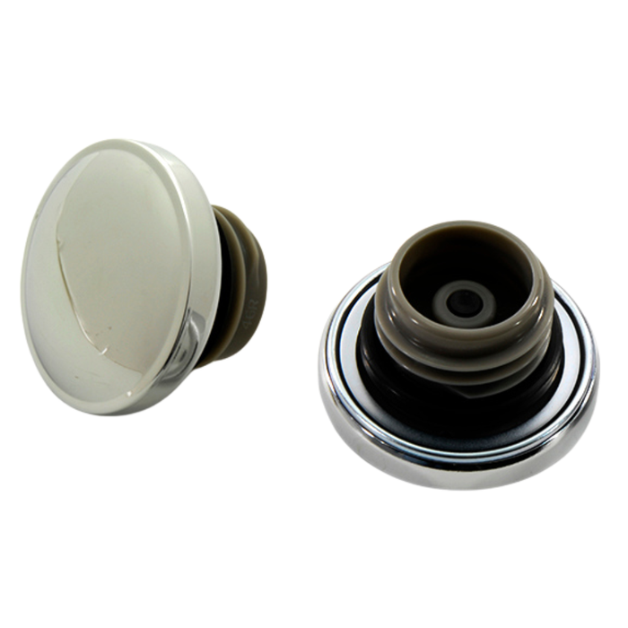 Two round, silver-colored sink stoppers with black rubber bases are shown on a white background, resembling a Wyatt Gatling Fuel Cap Set for L1996-Up Harley-Davidson with vented and non-vented caps by Wyatt Gatling.