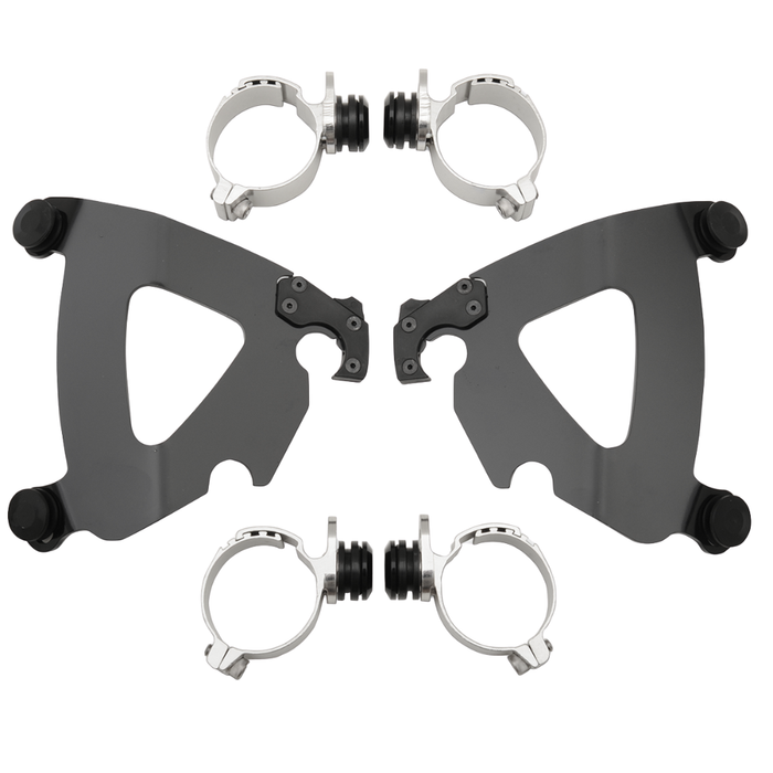 The Memphis Shades Road Warrior Mounting Kit MEB2029 includes two black metal brackets and four silver clamp attachments, shown on a white background, from the brand Memphis Shades.