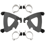 The Memphis Shades Road Warrior Mounting Kit MEB2029 includes two black metal brackets and four silver clamp attachments, shown on a white background, from the brand Memphis Shades.