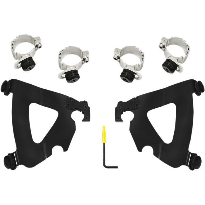The Memphis Shades Road Warrior Mounting Kit - 35-39mm Narrow Glide - Black includes two black brackets, four silver clamps with bolts, and a yellow-handled hex key, arranged on a white background.