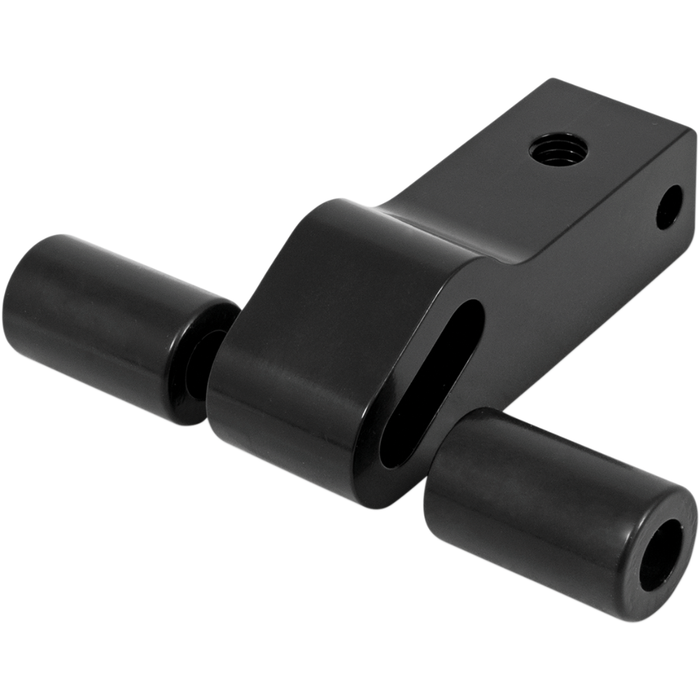 The Memphis Shades Headlight Extension Block MEB9893 by Memphis Shades is a black metal component with durable construction, two horizontal cylindrical rods, and a slotted mounting block—ideal for fairing mount applications.