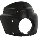 A Memphis Shades Road Warrior Fairing Kit for 1987-2022 Harley-Davidson Dyna with 39mm fork and visor is mounted on a gray Dyna, featuring a central headlight and two orange turn signals.