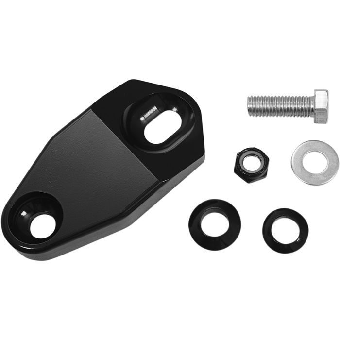 The Memphis Shades Headlight Extension Block MEB9892 is a black metal bracket with two holes, plus bolt, nut, washer, and spacers—perfect for headlight mounting or use with Memphis Shades fairing setups.