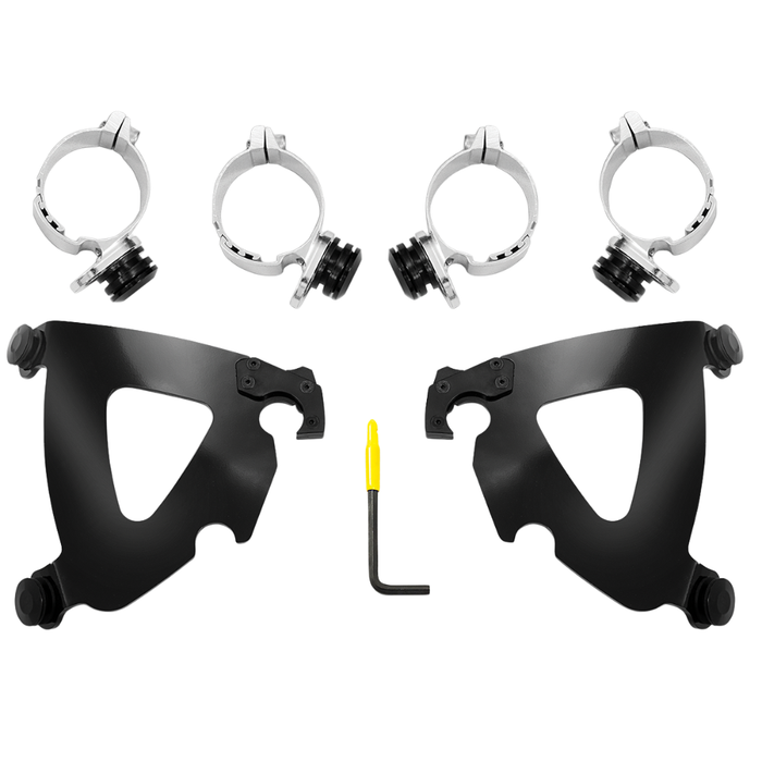 The Memphis Shades Road Warrior Mounting Kit MEB2028 includes two black metal brackets, four silver clamps, and a yellow-handled hex key tool, arranged on a white background for easy fairing installation.