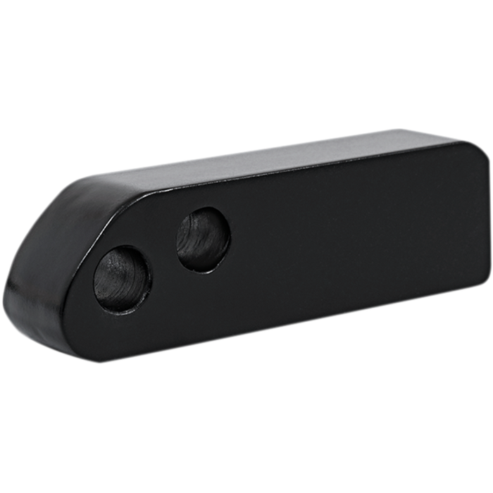 The Memphis Shades Headlight Extension Block MEB9883 is a black rectangular metal block with durable construction, featuring two round holes and a beveled edge on one end.