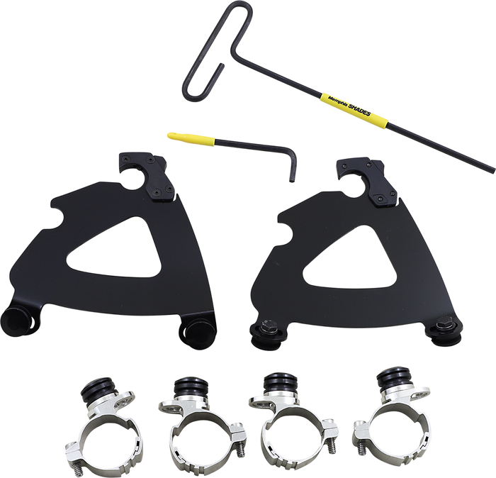 The Memphis Shades Road Warrior Mounting Kit MEB2064 includes two black triangular brackets, four metal clamps, and two tools—perfect for completing your fairing package.