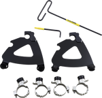 The Memphis Shades Road Warrior Mounting Kit MEB2064 includes two black triangular brackets, four metal clamps, and two tools—perfect for completing your fairing package.