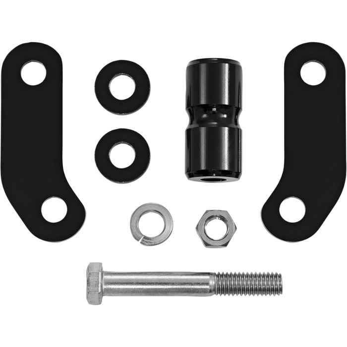 The Memphis Shades Headlight Extension Block MEB9882 includes two black brackets, four washers, a cylindrical spacer, a nut, and a bolt—perfect hardware for mounting your fairing. All items are shown neatly arranged on a white background.