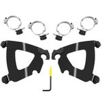 The Memphis Shades Road Warrior Mounting Kit MEB2059 includes two black metal brackets, four silver clamps, and a yellow-tipped hex key tool—all from Memphis Shades—displayed neatly on a white background.