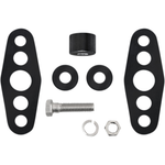 The Memphis Shades Headlight Extension Block MEB9896 set includes two black brackets, two washers, a spacer, a bolt, a nut, and a lock washer by Memphis Shades, all arranged on a white background.