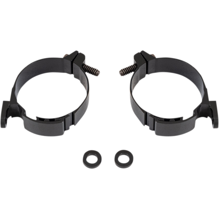 The Memphis Shades Turn Signal Relocation Kit MEB9992 includes two black circular metal clamps with attached screws and two black rubber washers, all shown on a white background.