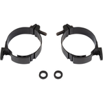 The Memphis Shades Turn Signal Relocation Kit MEB9992 includes two black circular metal clamps with attached screws and two black rubber washers, all shown on a white background.