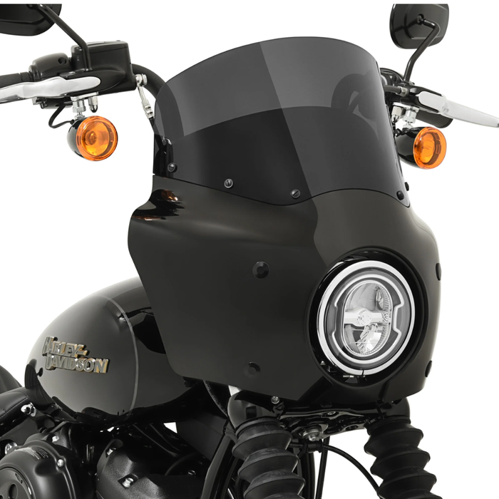 A black 2018-2026 Harley-Davidson Street Bob with a Memphis Shades Road Warrior Fairing in matte black; "M8 FXBB" is boldly displayed on the right.