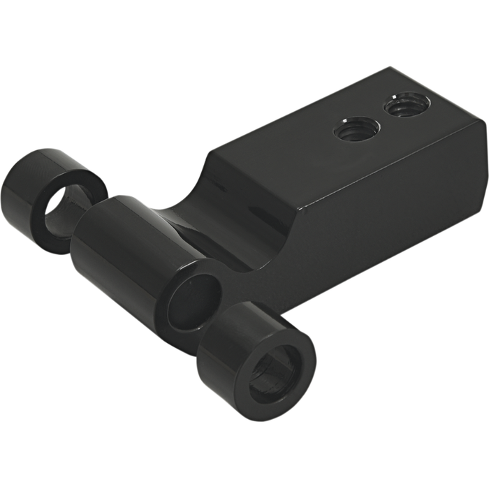 The Memphis Shades Headlight Extension Block MEB9888 is a black metal block with two cylindrical side extensions and dual top threaded holes, designed for use with Memphis Shades fairing. Shown against a white background.