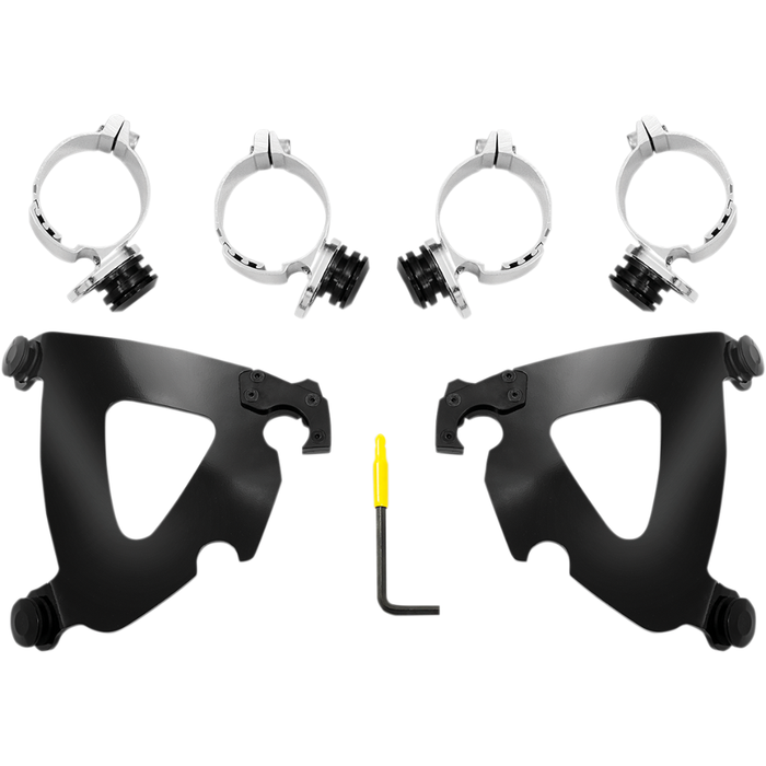 The Memphis Shades Road Warrior Mounting Kit MEB2035 includes four silver clamps with screws and a yellow-handled hex key, all arranged neatly on a white background.