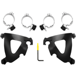 The Memphis Shades Road Warrior Mounting Kit MEB2035 includes four silver clamps with screws and a yellow-handled hex key, all arranged neatly on a white background.