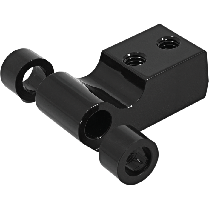 The Memphis Shades Headlight Extension Block MEB9887 is a black rectangular metal bracket with two threaded holes on top and three cylindrical side extensions, designed to mount fairings or extend headlights for Memphis Shades accessories.