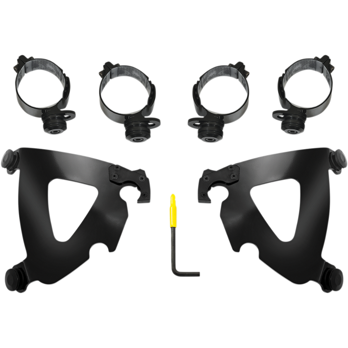 The Memphis Shades Road Warrior Mounting Kit MEB2043 includes four black mounting clamps, two black metal brackets, and a yellow-handled Allen wrench, all arranged on a white background.