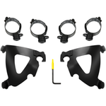 The Memphis Shades Road Warrior Mounting Kit MEB2043 includes four black mounting clamps, two black metal brackets, and a yellow-handled Allen wrench, all arranged on a white background.