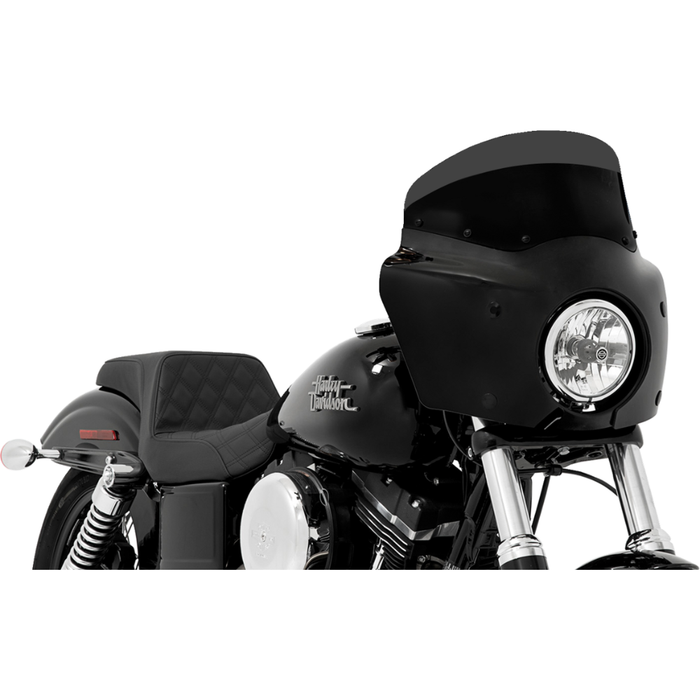 Two motorcycles display black front fairings, including a Road Warrior Fairing equipped with the Memphis Shades Windshield. Below them are three separate black Memphis Shades pieces, made from Lucite in different shapes and with various cutouts.